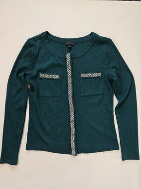 Ann Taylor Ribbed Cardigan Womens Medium Green Pearl Trim Button Down Old Money